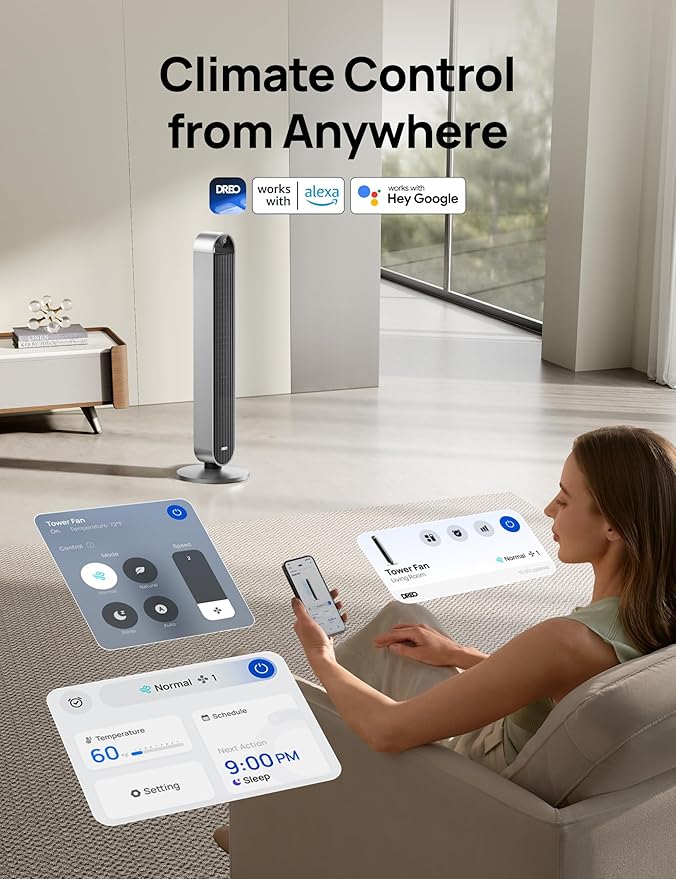 DREO Tower Fan for Bedroom, 42 Inch 120° Oscillating Fan, 25dB Quiet DC Motor, 28ft/s Velocity Bladeless Standing Fan with 12 Speeds, 4 Modes, 12H Timer Cooling Fans for Home, Living Room, Pilot Max S