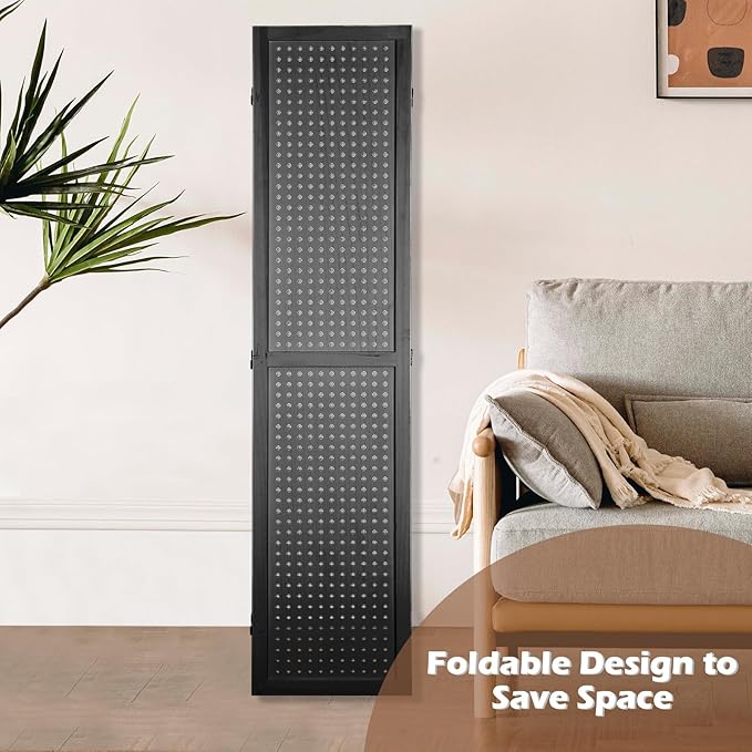 ECOMEX 6 Panel Room Divider, 5.6Ft Pegboard Display Wooden Room Divider Folding Privacy Screen Room Divider Freestanding Peg Board Display for Trade Show Craft Show Home Wall Organizer, Classic Black