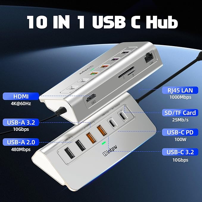 intpw P9R PRO USB C Hub Ethernet, 10Gbps USB C Docking Station 10-in-1 with Type-C & 2 Type-A 3.2 Data, LAN, 4K@60Hz, 2 USB A 2.0, PD 100W, SD/TF Ports, 3.28FT Powered USB Hub for PC, iPhone 17, Mac