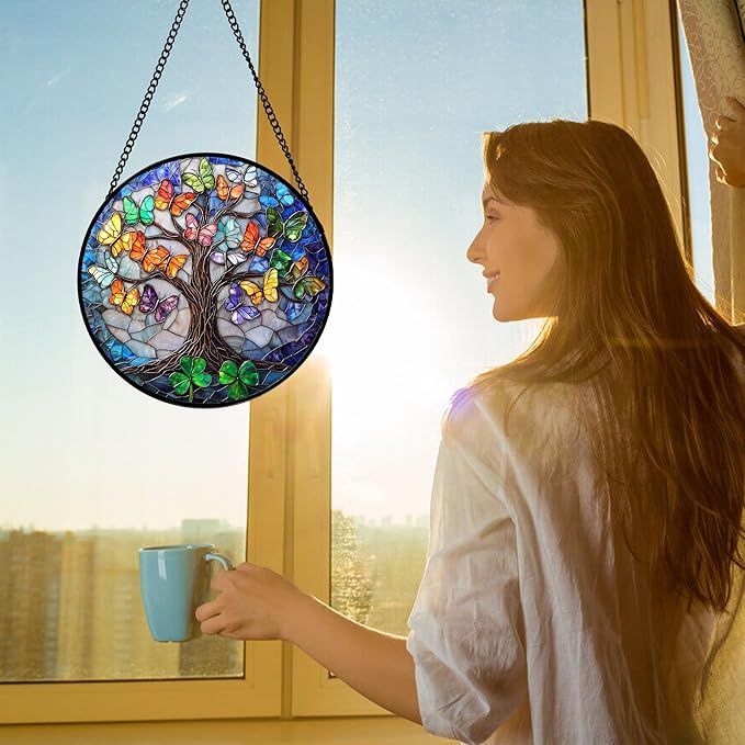 DASTOLL Stained Glass Window Hanging, Butterfly Tree Clover Sun Catchers Glass Panel Blue Suncatcher Decor for Birthday for Women, Men, Wife, Aunt, and Mom 6.3 in