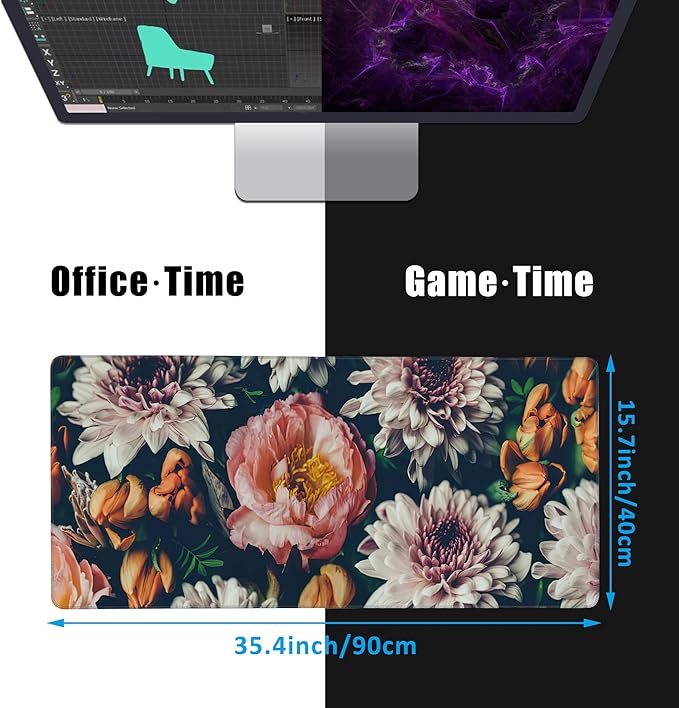 EOBKLAX Vintage Beautiful Flowers Desk Mat,Large Gaming Mouse Pad,Non-Slip Rubber Base Desk Pad with Stitched Edges for Desk Office Home Decor 35.4X15.7 Inch