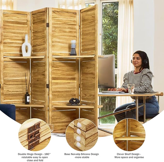 Partition Room Dividers, 67 * 51inch Folding Wood Privacy Screen with Three Display Shelves Suitable for Home Office, Study, Art Display - 4 Panel(Natural)
