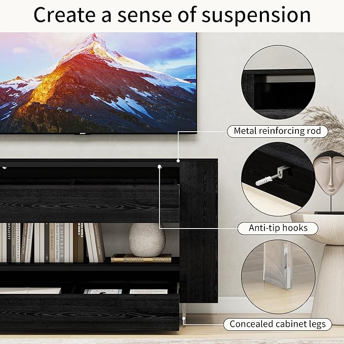 Vavkorkula TV Stand for 55 Inch with 2 Large Drawers & Hidden Storage Cabinets, Modern Farmhouse Entertainment Center Television Stands for Living Room Bedroom, Black