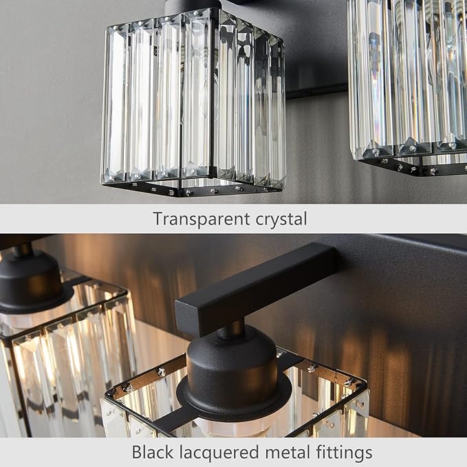 FDPBY Modern Bathroom Vanity Light 2-Lights Black Crystal Bathroom Wall Light Vanity Light Fixtures，12.59-inch Modern Minimalist Design