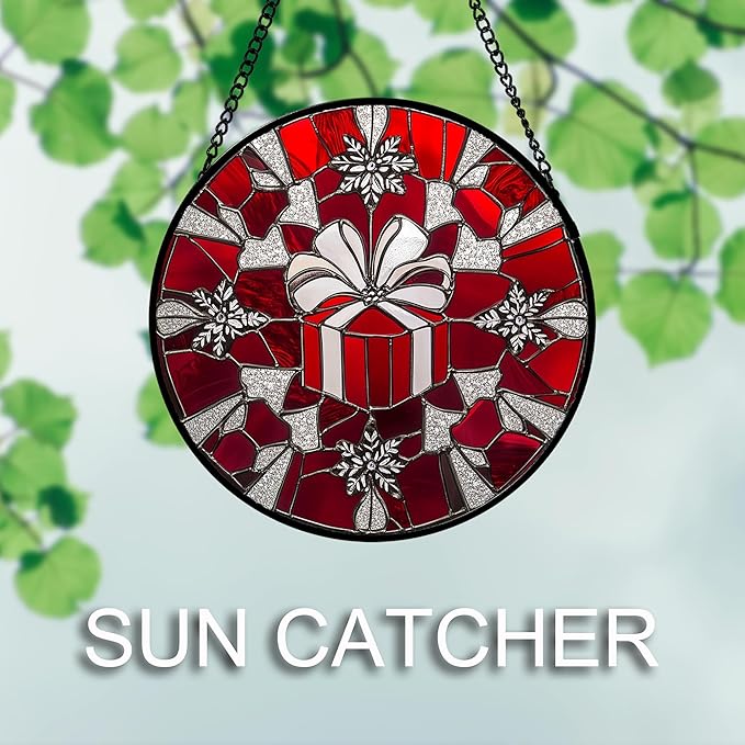 DASTOLL Stained Glass Window Hanging 4 Pcs Set Red Christmas Decorations Theme 6.3" - Suncatcher Door Garden Sun Catcher Decor Birthday for Mom Woman Nana Men Friend Wife