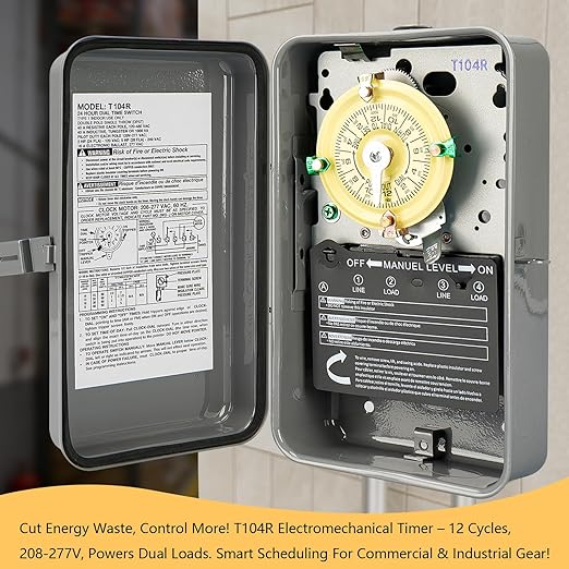 T104R 24-Hour Mechanical Time Switch, 208-277V, 40A, DPST, NEMA 3R Outdoor Steel Enclosure, Gray – Heavy Duty Timer for Pool Pumps, Heaters, and Industrial Motors