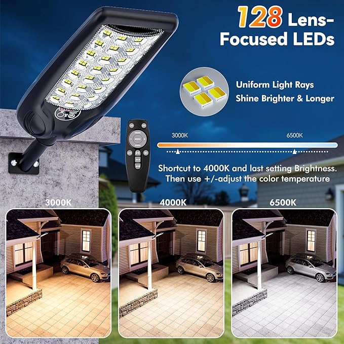 MMKT Solar Street Lights Outdoor, 3 Color Warm White LED Dusk to Dawn IP65 Waterproof Solar Flood Light with Motion Sensor and Remote Control for Outside Path, Yard, Garden, Walkway