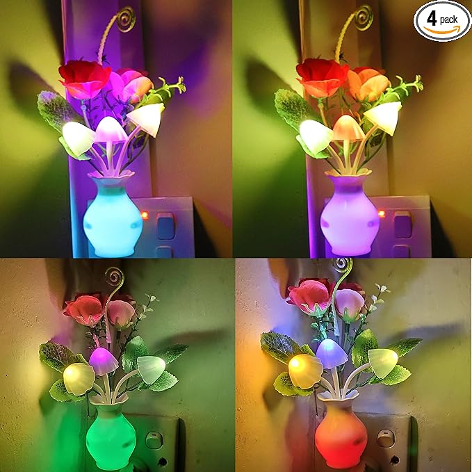 AUSAYE 4 Pack Plug in LED Night Light Sensor Light Rose Flower Decor,Energy Saving Lamp Dream Nightlight Mushroom Night Lights for Kids Adults Bedroom,Bathroom,Living Room,Kitchen,Hallway