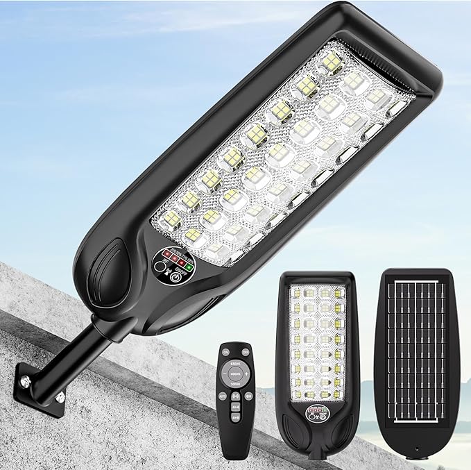 MMKT Solar Street Lights Outdoor, 3 Color Warm White LED Dusk to Dawn IP65 Waterproof Solar Flood Light with Motion Sensor and Remote Control for Outside Path, Yard, Garden, Walkway
