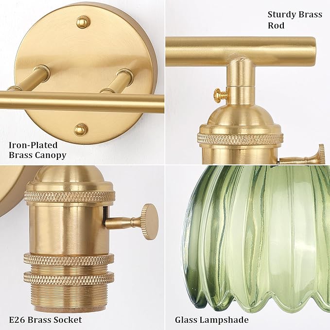 Shenmoyl Bathroom Light Fixtures, 2-Light Brass Vanity Wall Light Over Mirror with Green Tulip Glass Shade for Bedroom Living Room (Bulb Not Included)