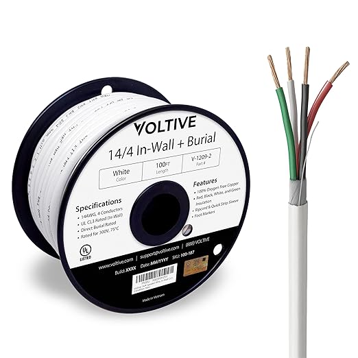 Voltive 14/4 Speaker Wire, in-Wall CL3 & Direct Burial, White, 100ft - 14AWG, 4 Conductors, Stranded Oxygen-Free Copper, UL Listed - V-1209-2