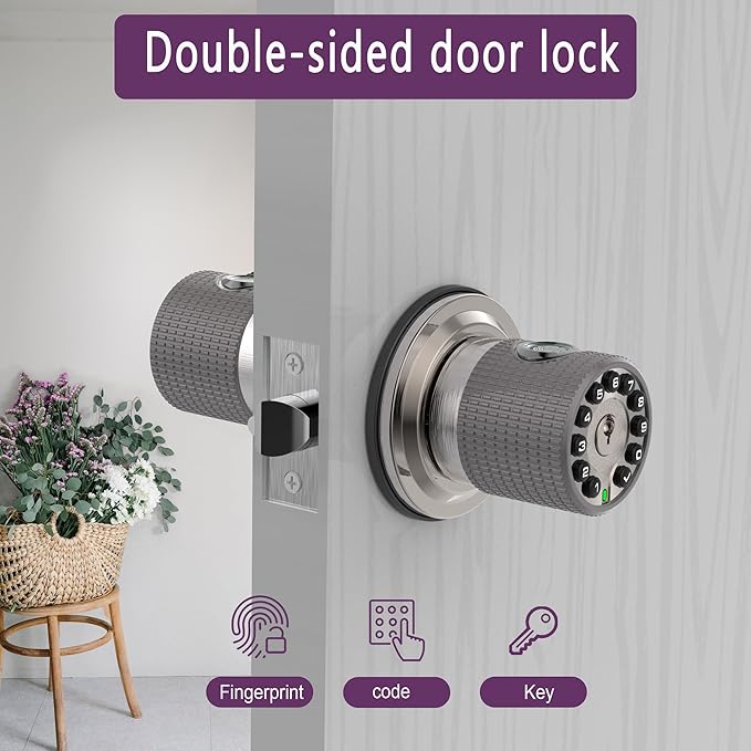 BOTHSTAR Double Sided Keyless Door Knob Lock with Fingerprint and Keypad, Smart Doorknob with Dual Cylinders for Exterior or Interior Door(Double Sided Fingerprint Satin Nickel)