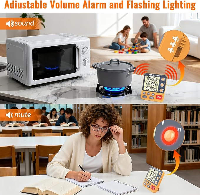 MOSTRUST Digital Dual Kitchen Timer, 3 Channels Countdown Triple Timer for Cooking, Magnetic Memory-Preset Large Display Adjustable Alarm Volume, Multi Times Management, 3A Battery Included, Orange