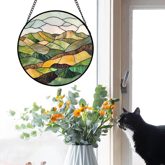 AMDERVEN Stained Glass Window Hanging 4 Pcs Set Mountain River Landscape Large 11.8" - Suncatcher Door Garden Sun Catcher Decor Birthday Mother's Day for Mom Woman Nana Girl Boy Friend