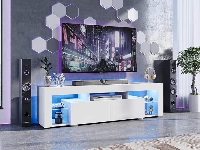 WLIVE TV Stand for 65 to 70 Inch TV, Modern Entertainment Center with LED Lights & 2 Large Storage Drawers, Wood TV Console for Living Room, Bedroom(White)