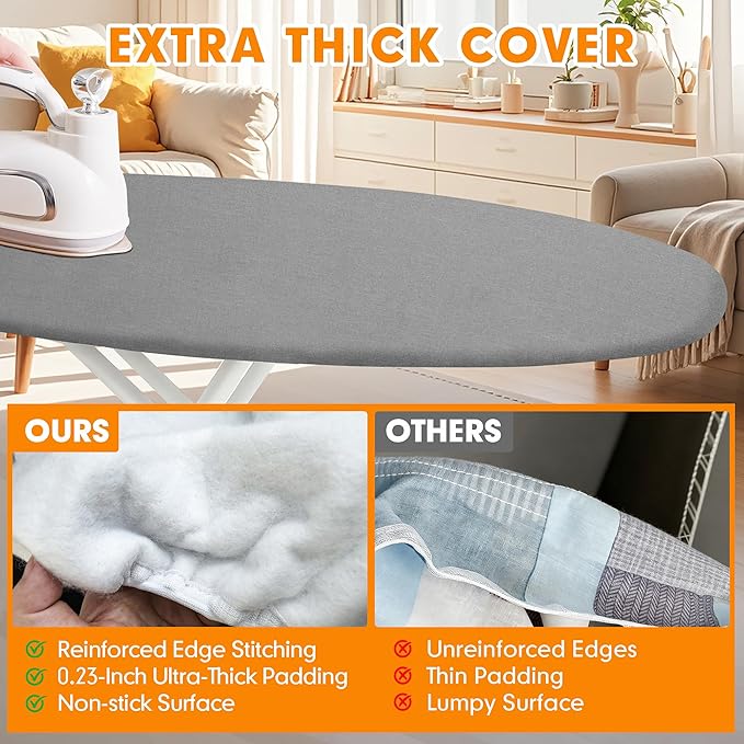 Ironing Board Cover and Pad, 18x49 Extra Wide Thick Iron Padding, Scorch & Stain Resistant Ironing board cover, Heavy Duty Iron Board Padded with Adjustable Fasteners Durable Elastic Edge, Grey