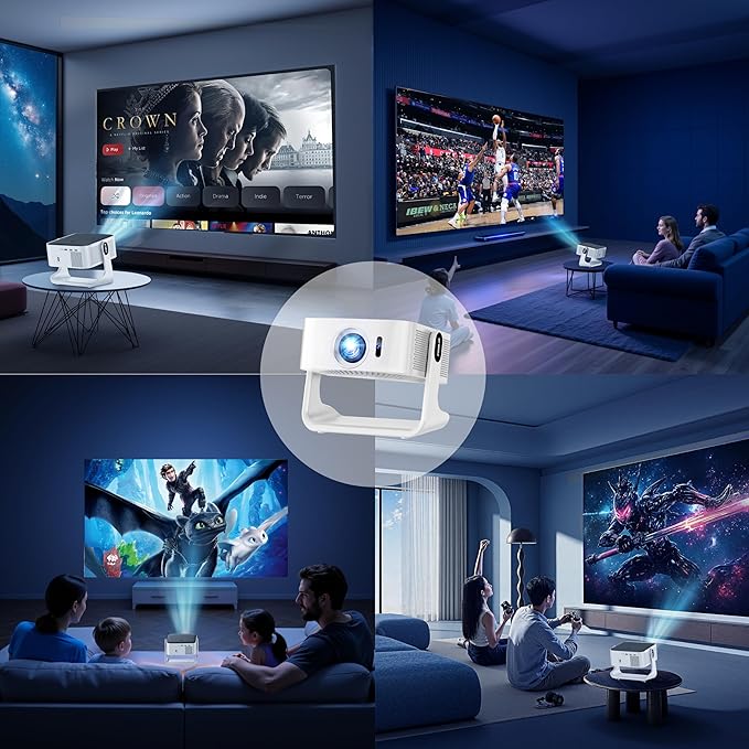 [Compatible with Netflix & Support 4K] 1080P HD Mini Projector Dual Band WiFi6 5G and BT 5.4 Auto Focus & Obstacle Avoidance Portable Outdoor Projector, 270° Adjustable Stand for Home Movie - White