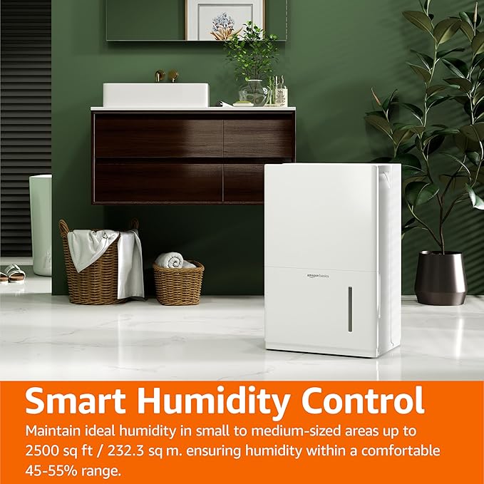 Amazon Basics Dehumidifier, 35-Pint, Energy Star Certified, for Basement, Bathroom and Other Rooms Up to 2500 SFT, with Timer, auto-defrost, Overflow Protection, White