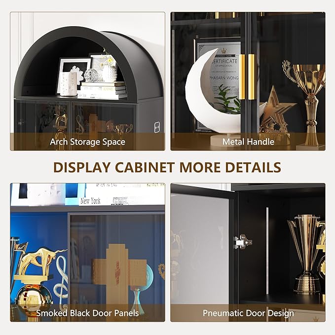 Dystler Arch Display Cabinet with Doors and Adjustable Shelves, 76" Tall Curio Cabinet with LED Lights/Storage Space, 6 Tier Display Case Bookcase for Collectibles Bedroom Living Room Office, Black