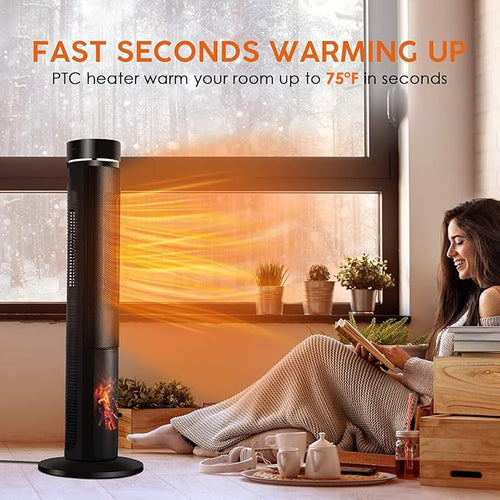 Air Choice 36" Tower Space Heater for Large Room, 1500W PTC Electric Fireplace Heater, Adjustable Thermostat, 4 Modes, 3D Flame,12H Timer, Oscillation, Remote, Heater for Indoor Use, Bedroom, Office