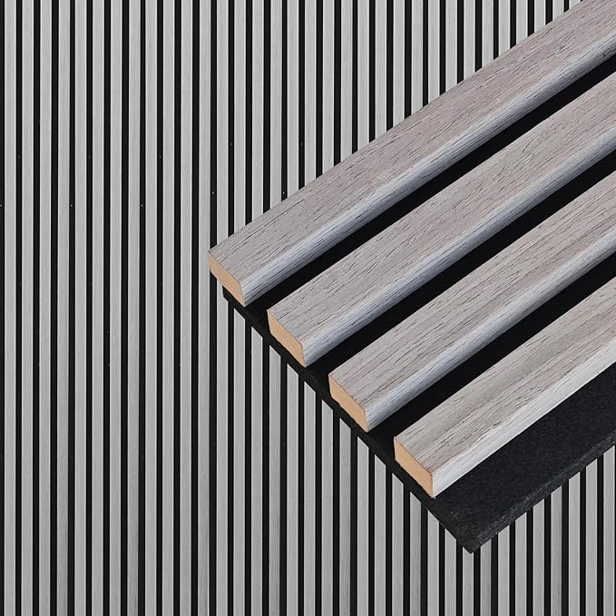 NeatiEase Wood Wall Panels, 9 Feet Acoustic Slat Wall Panels for Interior Wall Decor and Noise Reduction, Decorative Slat Wall Paneling, Gray Oak, 6-Piece