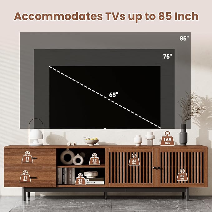 Zerberus 78” TV Stand, Mid-Century Modern TV Console Entertainment Center for TVs up to 85 Inch, Media Cabinet with Deep Drawers, Slatted Doors, Adjustable Shelf, Cable Management