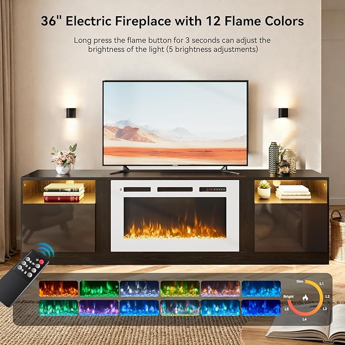 YISUFO 70" TV Stand with 36" Electric Fireplace, Large Modern Media Entertainment Center with Storage Cabinet and 12 Colors LED Lights for TVs Up to 80",Black & White