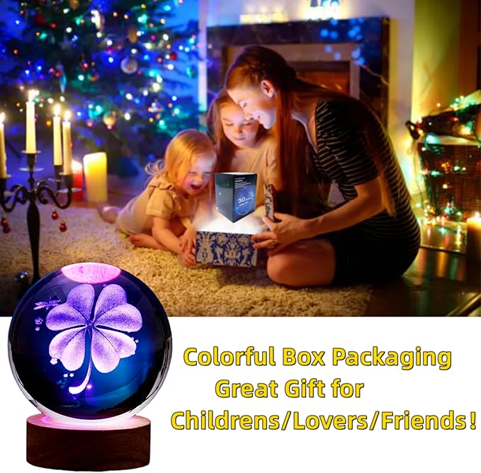 Conalisk 3D Four-Leaf Clover Crystal Ball Lamp,Lifelike 3D LED Clover Night Light,16 Colors Changing Light,Dimmable Remote Control,Clover Lamp Gift (Four-Leaf Clover)