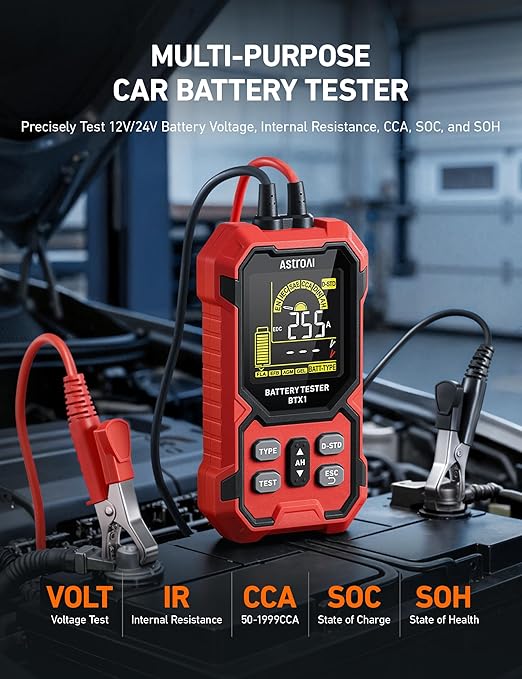 AstroAI Car Battery Tester, 12V/24V Digital Automotive Meter Diagnostic Tool,100-2000 CCA Load Capacity, for Preventive Maintenance Truck, RV, Marine Vehicle, and More