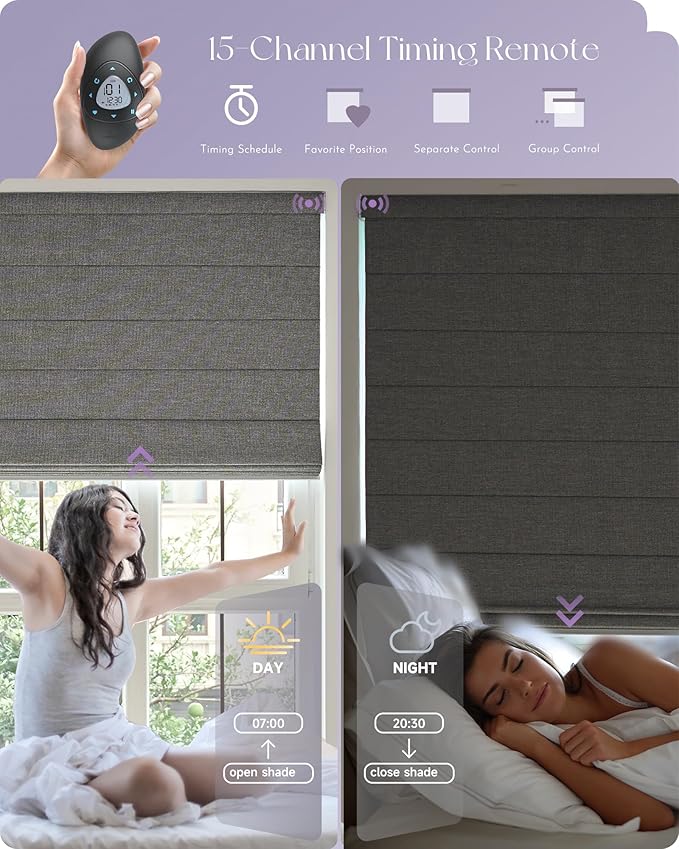 Graywind Smart Roman Shades Compatible with Alexa Google WiFi Hardwired Automatic Blinds with Remote Blackout Plain Fold Soft Roman Window Shades for Windows Doors, Custom Size (Textured Black)
