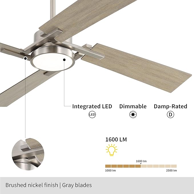 WINGBO 54 Inch Ceiling Fan with Light and Remote, 4 Plywood Blades, 6-Speed Reversible DC Motor, Dimmable, 3CCT, Farmhouse Ceiling Fan for Bedroom Living Room Kitchen, Brushed Nickel and Gray