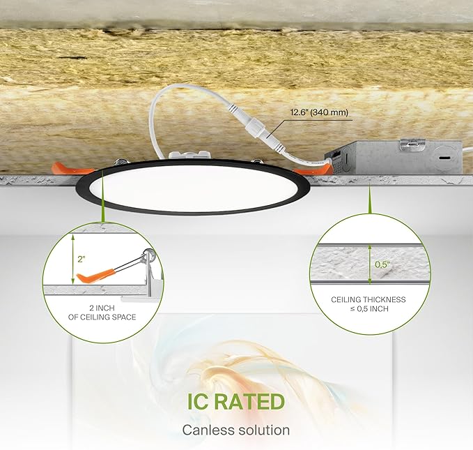 ASD 1 Pack 11/12 Inch LED Recessed Lighting 24W, 5 CCT 2700K-5000K CRI90+, IC Rated Ultra Thin Dimmable Ceiling Lights with J Box, Canless Wafer Downlight, Round Slim Panel Light, UL Listed, Black