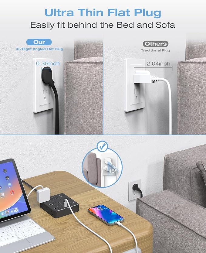 AOFO 10FT Surge Protector Power Strip,12 AC Outlets with 6 USB Ports (2 USB-C), Flat Plug Extension Cord with Multiple Outlets, Wall Mount for Home Office,Dorm,Black