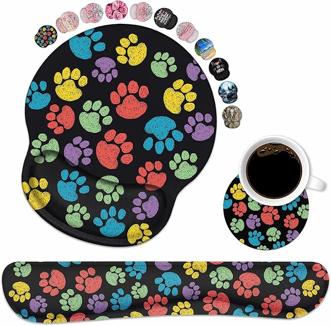 Keyboard Wrist Rest and Mouse Pad Wrist Support Set with Coasters, Non-Slip PU Base Ergonomic Gaming Mousepad for Home Office Working Studying Easy Typing & Pain Relief, Colorful Dog Paw Print