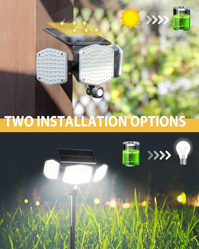 HAARAY Solar Motion Lights Outdoor with Stake, 208 LED 270° Illumination Security Flood Lights for Yrad Garden Pathway, 3 Modes, IP65 Waterproof, In-Ground or Wall Mount