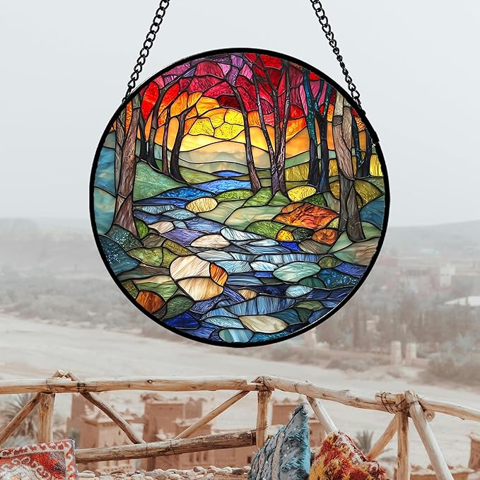 AMDERVEN Stained Glass Window Hanging, Red Tree Abstract Sunset Lake Sun Catcher for Window Home Decor Landscape Suncatcher Mother's Day Birthday Gifts for Women Men Mom and Nana 7.8 in