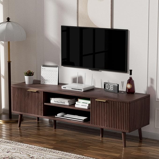 SHGJ&SOFT Storable TV Stand 65 Inch,Mid Century Modern TV Console Two Cabinet Doors with Open Partition in The Middleby by Wooden for Living Room,Bedroom. (Brown, 1PC)
