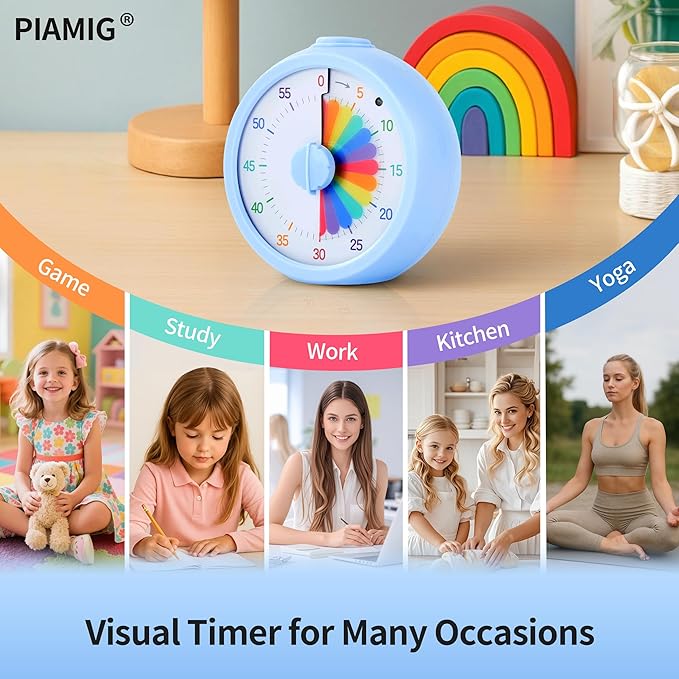 PIAMIG Visual Timer, 60-Minute Countdown Timer for Kids and Adults with Adjustable Volume, Rainbow Design Time Management Tools with Silent Operation, Suitable for Classroom, Office and Home (Blue)