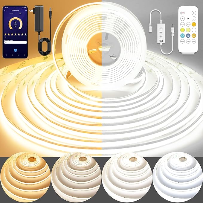 Pandery COB LED Strip Light,CCT Dimmable Strips Light,2700K-6500K,50ft/15m,8mm Wide,CRI90+ 24V LED Strips Kit with Bluetooth APP Control/Music Mode,for Bedroom,Kitchen,DIY Lighting