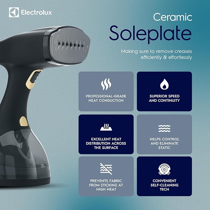 Electrolux Steamer for Clothes, LX15003 Portable Handheld Fabric and Garment Steamer Iron Press Wrinkle Remover with Lint Remover & Fabric Brush – Black