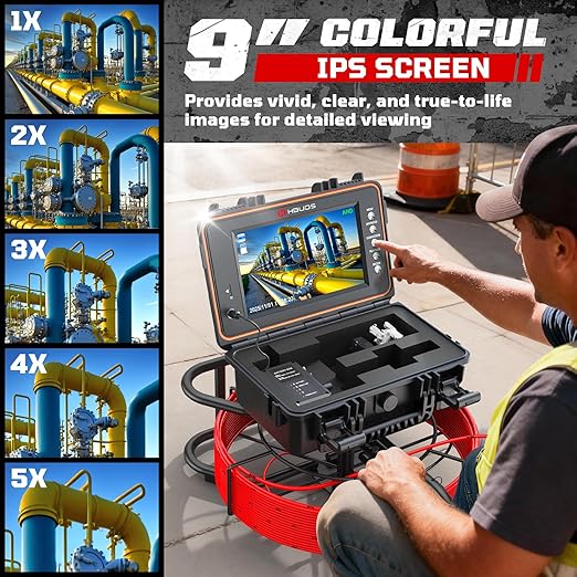 HBUDS Sewer Camera with 512Hz Sonde, Self Leveling 200ft Drain Camera with Meter Counter, 7mm Cable, 9" HD Screen 1080P Plumbing Cameras Snake with Light, 5100mAh Battery Pipe Inspection DVR 32GB