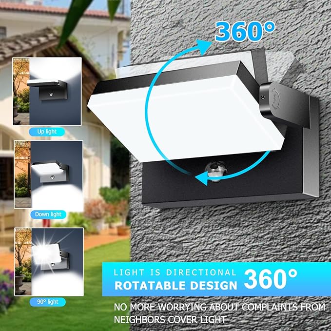 WISELUME 60W LED Outdoor Wall Light – 360° Adjustable Head, Motion Sensor, Color Temperature Adjustable (3000K/4000K/6500K) Waterproof Security Lighting for Garage, Porch & Yard