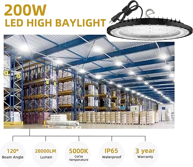 SOUTHLEVY 6 Pack UFO 200W LED High Bay Light,5000K,28,000LM, 5 ft Cable with US Plug UL Certified Plug, IP65 Commercial Warehouse Area Light for Wet Location Area, Workshop, Garage