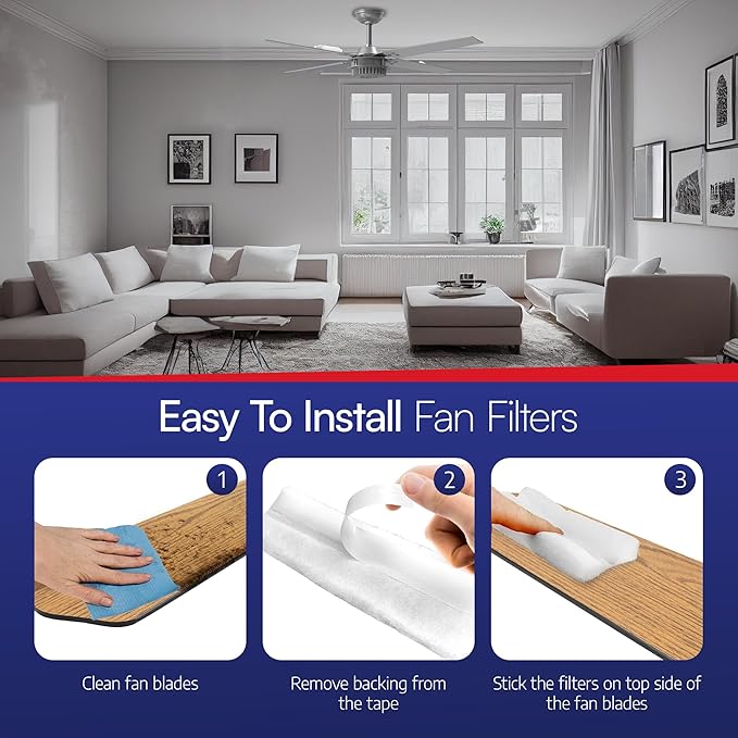 BioStrike Ceiling Fan Blade Air Filter - Dust & Allergen Catcher - Easy-Attach - Blade Filters for Any Fan Size - Reduce Airborne Particles - Made in USA (2 Pack, 4 Blade Filters Total)
