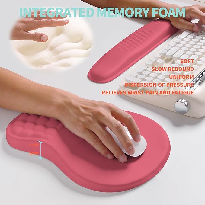 KUOSGM 2-in-1 Ergonomic Set, Wave Rise Keyboard Wrist Rest and Massage Bulge Slope Mouse Pad Wrist Support, Cushion Memory Foam Integrated to Relieve Wrist Pain, Muskmelon Pink