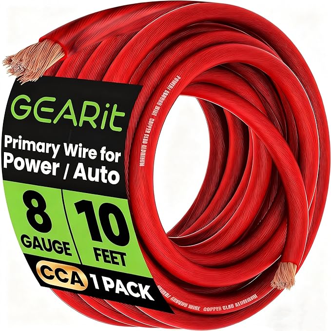 GEARit 8 Gauge Wire (10ft - Red Translucent) Copper Clad Aluminum CCA - Primary Automotive Wire Power/Ground, Battery Cable, Car Audio Speaker, RV Trailer, Amp, Electrical 8ga AWG 10 Feet