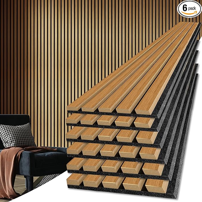 Art3d 6-Pack Acoustic Wood Slat Wall Panels for Interior Decor, 3D Fluted Sound Absorbing Wood Paneling for Accent Wall Ceiling Kitchen Living Room Bedroom Office, 94.5 x 7.9 inch Warm Teak