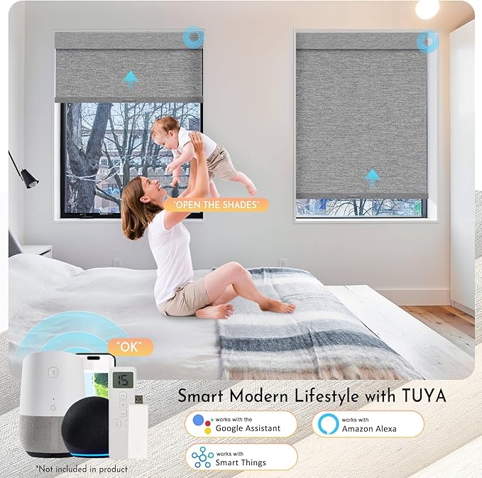 Persilux Smart Motorized Blinds with Remote, No Drill Automatic Roller Shades for Indoor Windows, Blackout Linen Fabric, Electric Blinds for Windows, Linen Grey C156BO-5, Custom Size