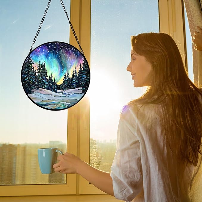 DASTOLL Stained Glass Window Hanging, Aurora Landscape Sun Catchers Glass Panel Green Trees Suncatcher Decor for Birthday for Women, Men, Wife, Aunt, and Mom 11.8x11.8 in