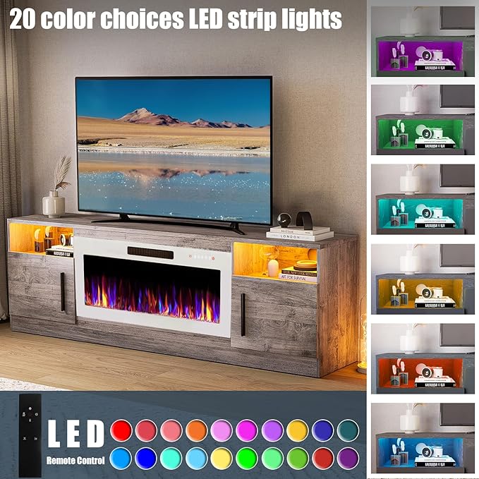 VITESSE TV Stand Fireplace with 36" inch Electric Fireplace Up to 80" TVs, LED Light Entertainment Center, 70" Modern Wood High Gloss with Highlight Storage Cabinet for Living Room (Gray)